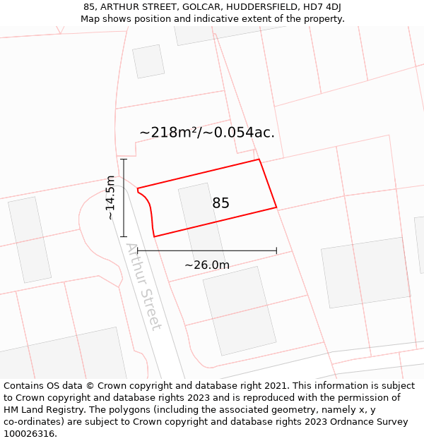 85, ARTHUR STREET, GOLCAR, HUDDERSFIELD, HD7 4DJ: Plot and title map