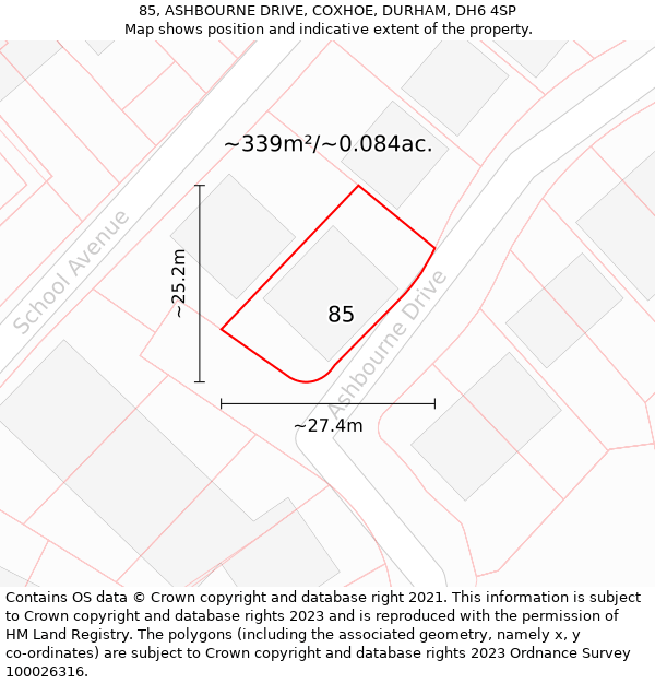 85, ASHBOURNE DRIVE, COXHOE, DURHAM, DH6 4SP: Plot and title map