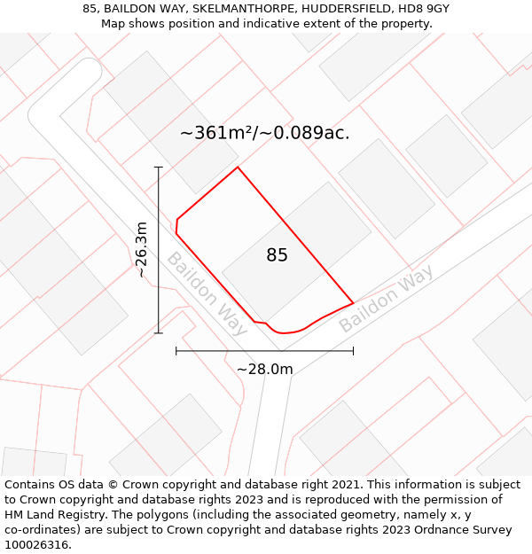 85, BAILDON WAY, SKELMANTHORPE, HUDDERSFIELD, HD8 9GY: Plot and title map