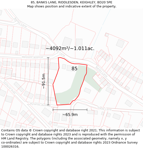 85, BANKS LANE, RIDDLESDEN, KEIGHLEY, BD20 5PE: Plot and title map