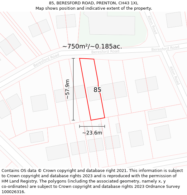 85, BERESFORD ROAD, PRENTON, CH43 1XL: Plot and title map