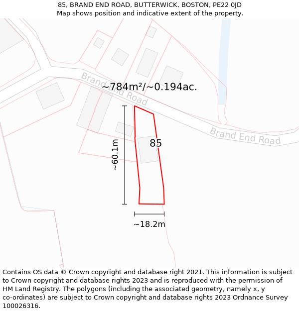 85, BRAND END ROAD, BUTTERWICK, BOSTON, PE22 0JD: Plot and title map