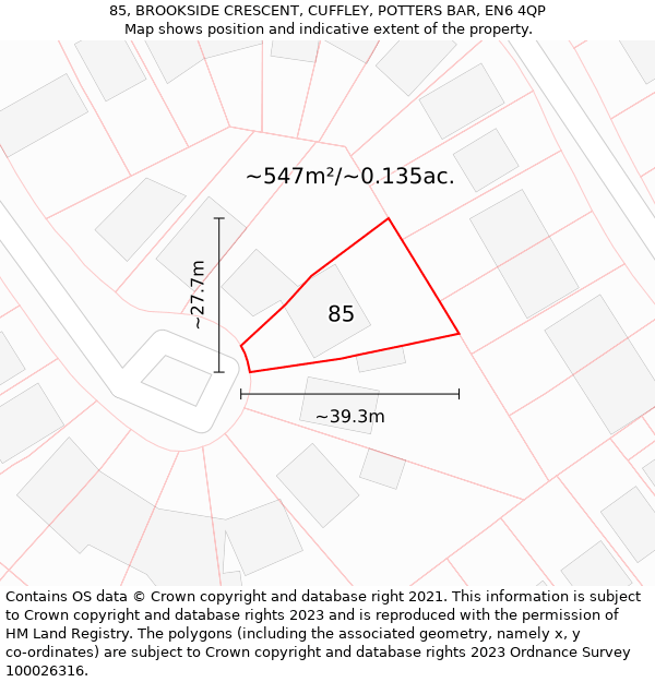 85, BROOKSIDE CRESCENT, CUFFLEY, POTTERS BAR, EN6 4QP: Plot and title map