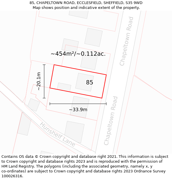 85, CHAPELTOWN ROAD, ECCLESFIELD, SHEFFIELD, S35 9WD: Plot and title map