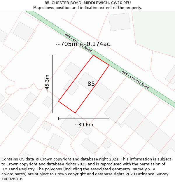 85, CHESTER ROAD, MIDDLEWICH, CW10 9EU: Plot and title map