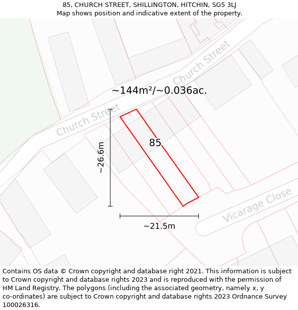 85, CHURCH STREET, SHILLINGTON, HITCHIN, SG5 3LJ: Plot and title map