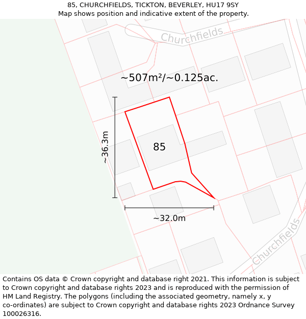 85, CHURCHFIELDS, TICKTON, BEVERLEY, HU17 9SY: Plot and title map