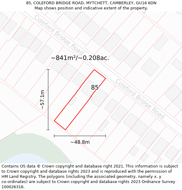 85, COLEFORD BRIDGE ROAD, MYTCHETT, CAMBERLEY, GU16 6DN: Plot and title map