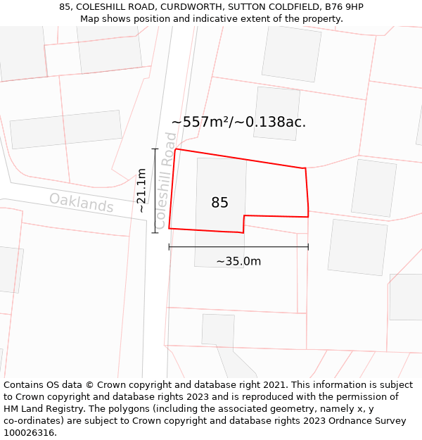 85, COLESHILL ROAD, CURDWORTH, SUTTON COLDFIELD, B76 9HP: Plot and title map