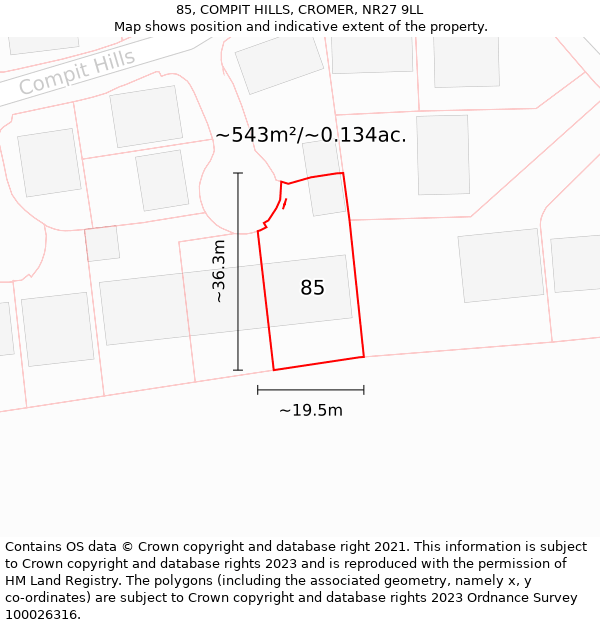 85, COMPIT HILLS, CROMER, NR27 9LL: Plot and title map