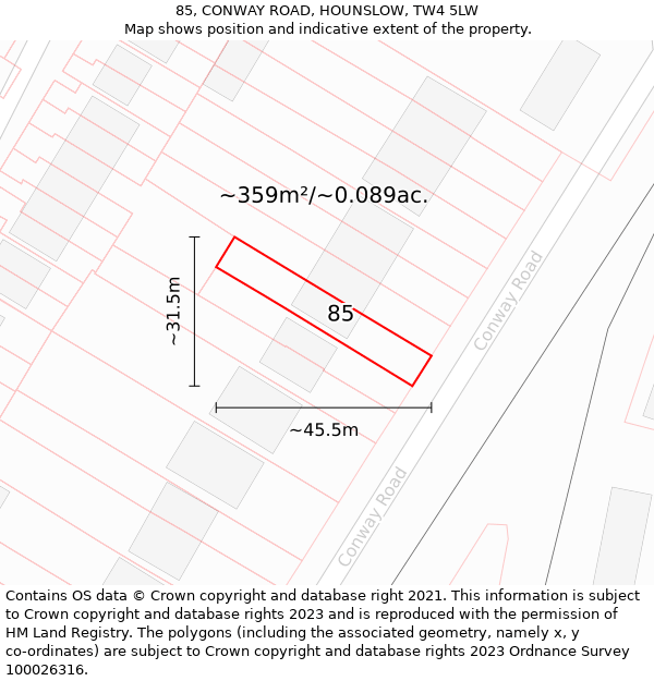 85, CONWAY ROAD, HOUNSLOW, TW4 5LW: Plot and title map