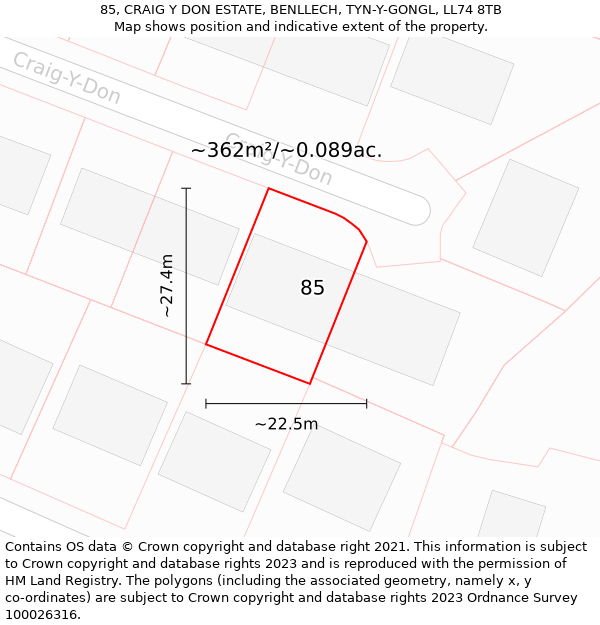 85, CRAIG Y DON ESTATE, BENLLECH, TYN-Y-GONGL, LL74 8TB: Plot and title map