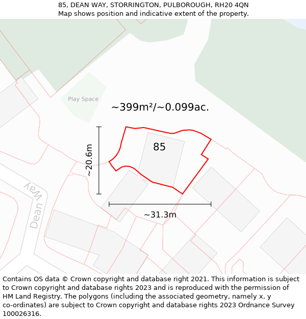 85, DEAN WAY, STORRINGTON, PULBOROUGH, RH20 4QN: Plot and title map