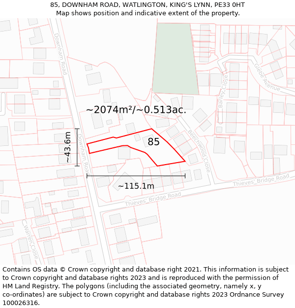 85, DOWNHAM ROAD, WATLINGTON, KING'S LYNN, PE33 0HT: Plot and title map