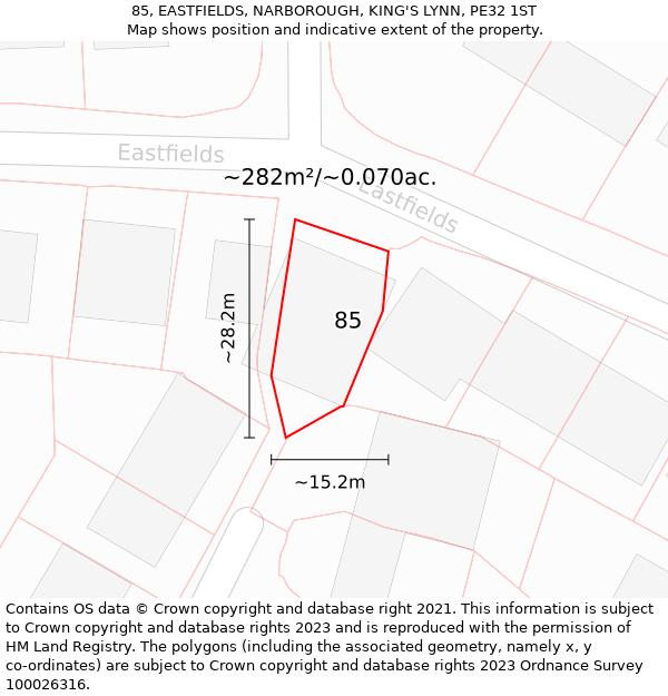 85, EASTFIELDS, NARBOROUGH, KING'S LYNN, PE32 1ST: Plot and title map