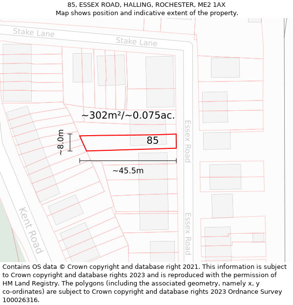 85, ESSEX ROAD, HALLING, ROCHESTER, ME2 1AX: Plot and title map