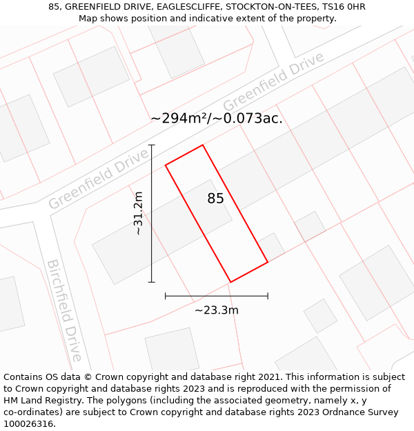 85, GREENFIELD DRIVE, EAGLESCLIFFE, STOCKTON-ON-TEES, TS16 0HR: Plot and title map