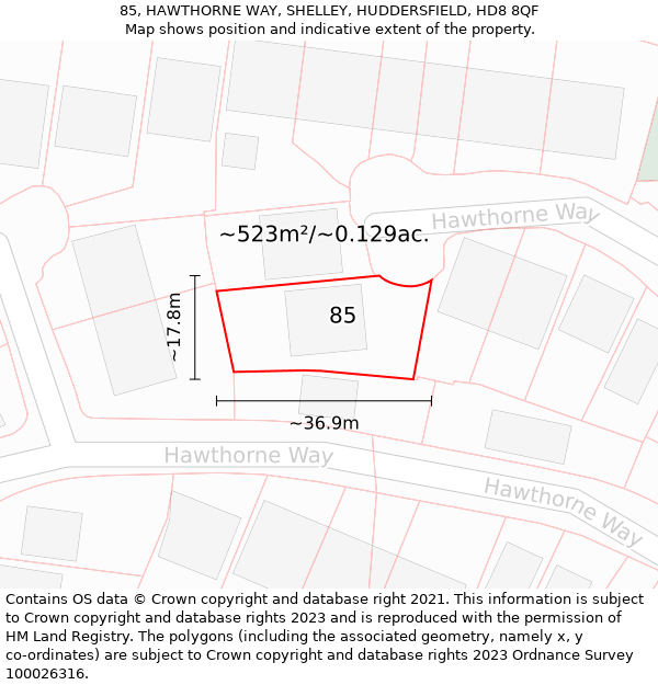85, HAWTHORNE WAY, SHELLEY, HUDDERSFIELD, HD8 8QF: Plot and title map