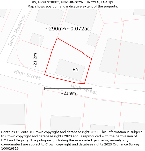 85, HIGH STREET, HEIGHINGTON, LINCOLN, LN4 1JS: Plot and title map