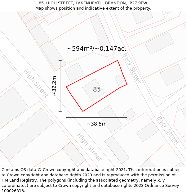 85, HIGH STREET, LAKENHEATH, BRANDON, IP27 9EW: Plot and title map