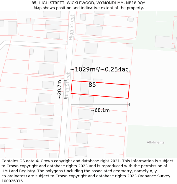 85, HIGH STREET, WICKLEWOOD, WYMONDHAM, NR18 9QA: Plot and title map