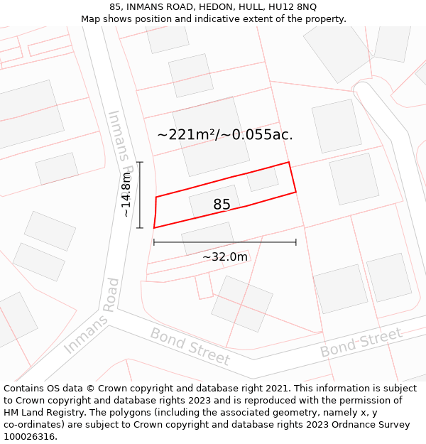 85, INMANS ROAD, HEDON, HULL, HU12 8NQ: Plot and title map