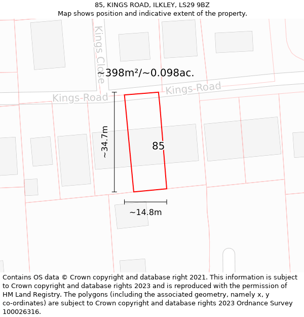 85, KINGS ROAD, ILKLEY, LS29 9BZ: Plot and title map