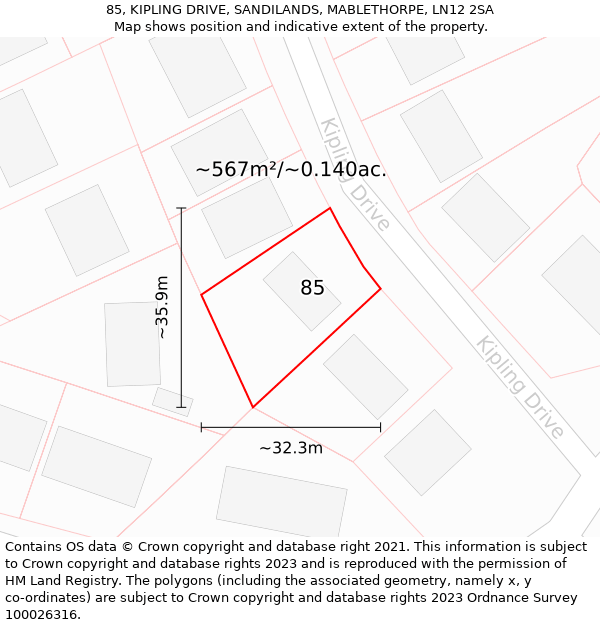 85, KIPLING DRIVE, SANDILANDS, MABLETHORPE, LN12 2SA: Plot and title map