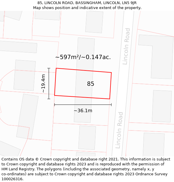 85, LINCOLN ROAD, BASSINGHAM, LINCOLN, LN5 9JR: Plot and title map