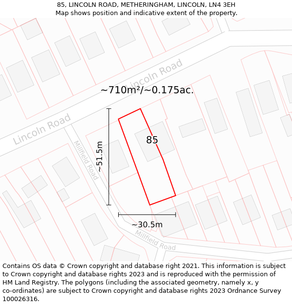 85, LINCOLN ROAD, METHERINGHAM, LINCOLN, LN4 3EH: Plot and title map