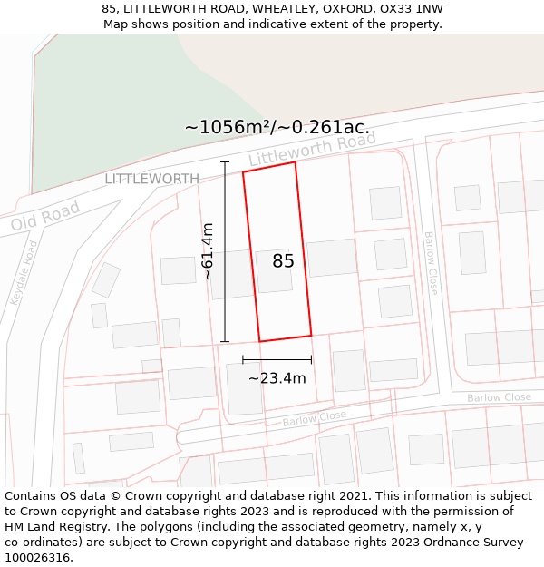 85, LITTLEWORTH ROAD, WHEATLEY, OXFORD, OX33 1NW: Plot and title map