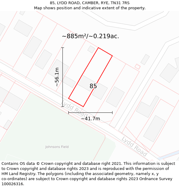 85, LYDD ROAD, CAMBER, RYE, TN31 7RS: Plot and title map