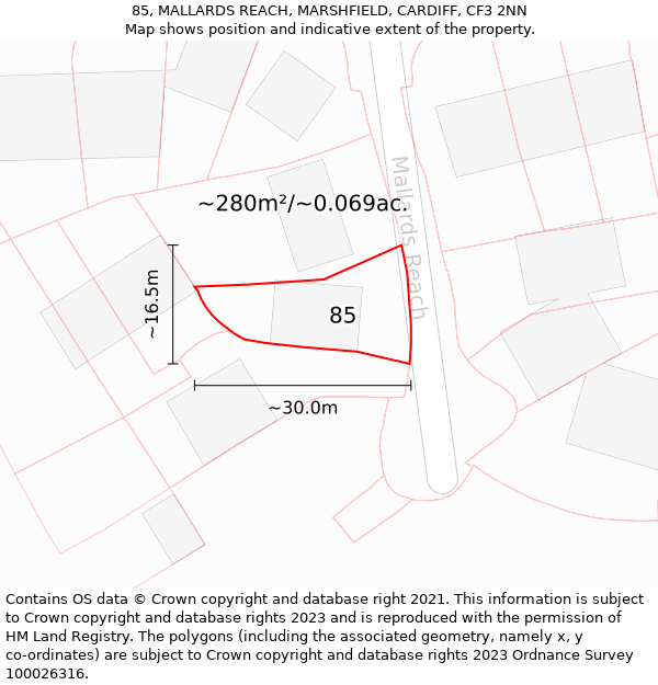 85, MALLARDS REACH, MARSHFIELD, CARDIFF, CF3 2NN: Plot and title map