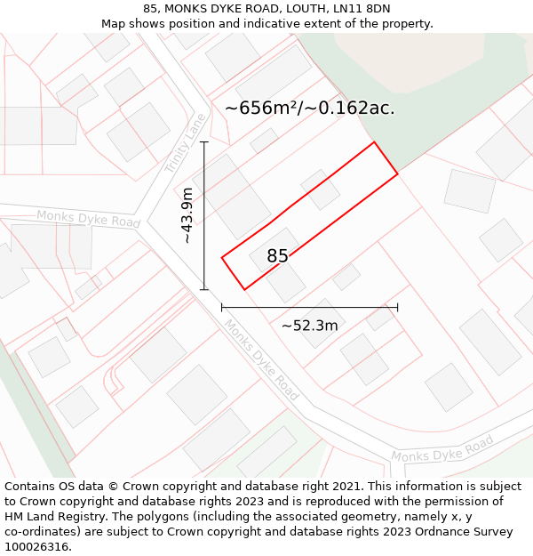 85, MONKS DYKE ROAD, LOUTH, LN11 8DN: Plot and title map