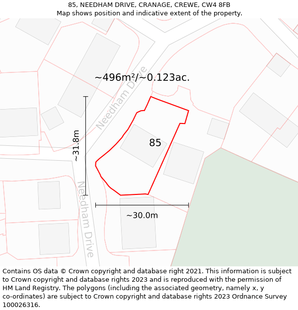 85, NEEDHAM DRIVE, CRANAGE, CREWE, CW4 8FB: Plot and title map