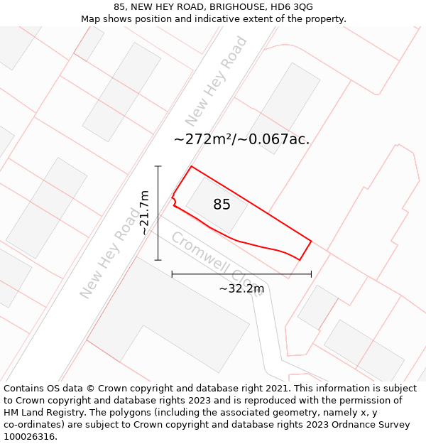 85, NEW HEY ROAD, BRIGHOUSE, HD6 3QG: Plot and title map