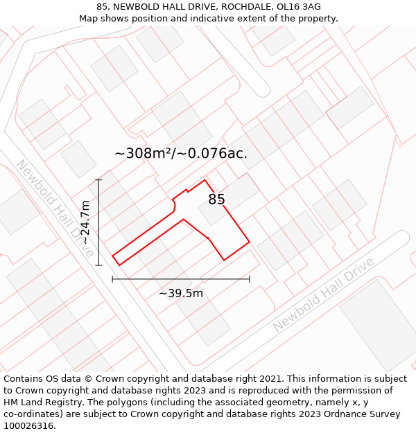 85, NEWBOLD HALL DRIVE, ROCHDALE, OL16 3AG: Plot and title map