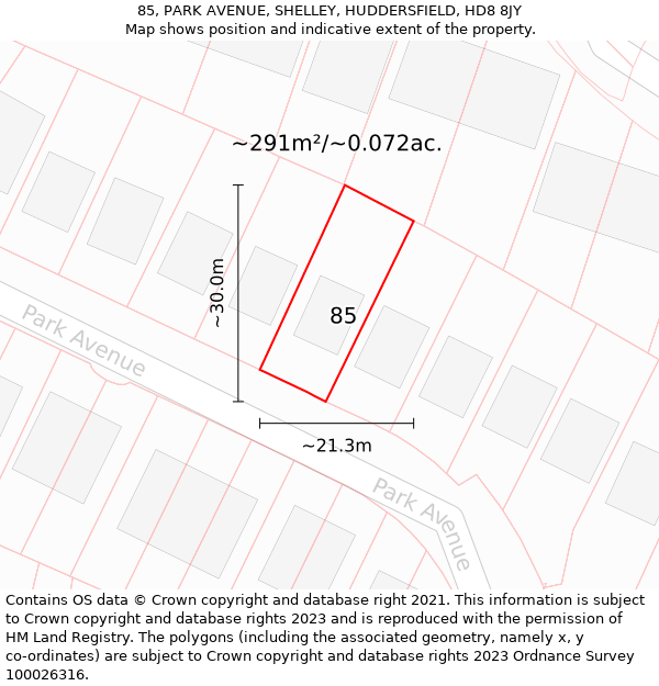 85, PARK AVENUE, SHELLEY, HUDDERSFIELD, HD8 8JY: Plot and title map