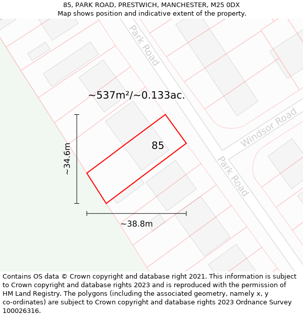 85, PARK ROAD, PRESTWICH, MANCHESTER, M25 0DX: Plot and title map