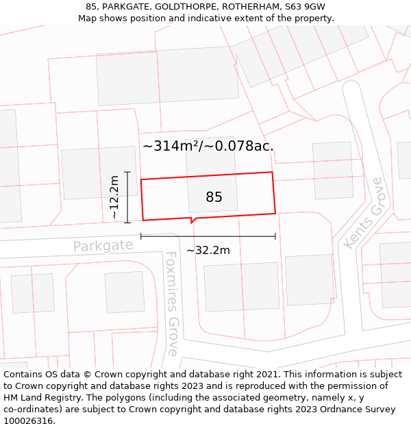 85, PARKGATE, GOLDTHORPE, ROTHERHAM, S63 9GW: Plot and title map