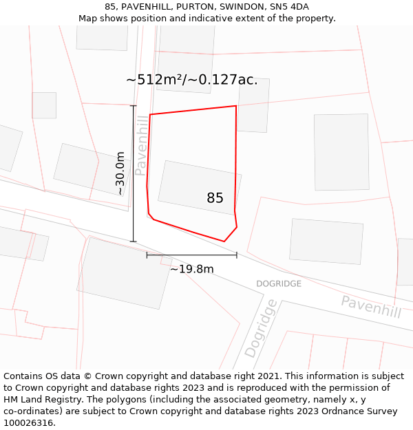 85, PAVENHILL, PURTON, SWINDON, SN5 4DA: Plot and title map