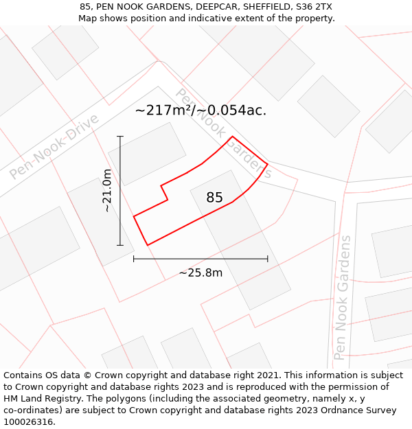 85, PEN NOOK GARDENS, DEEPCAR, SHEFFIELD, S36 2TX: Plot and title map