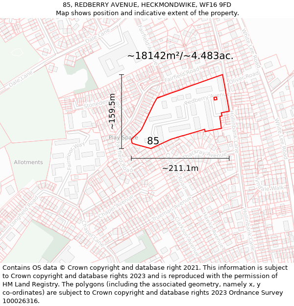 85, REDBERRY AVENUE, HECKMONDWIKE, WF16 9FD: Plot and title map