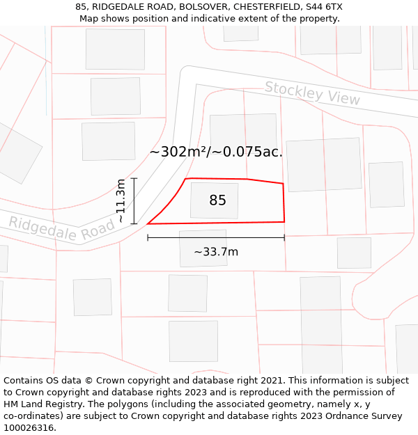 85, RIDGEDALE ROAD, BOLSOVER, CHESTERFIELD, S44 6TX: Plot and title map