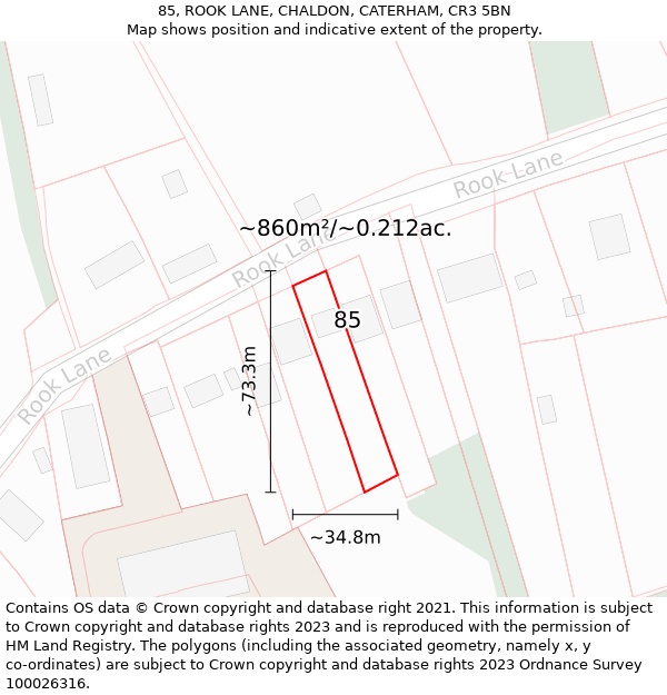 85, ROOK LANE, CHALDON, CATERHAM, CR3 5BN: Plot and title map