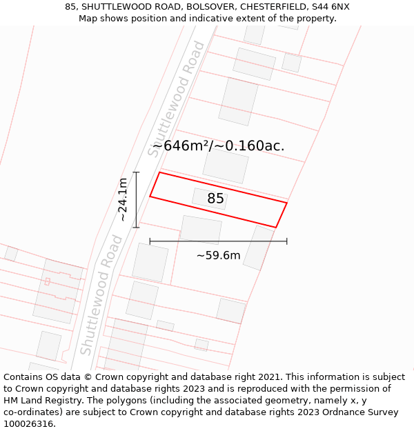 85, SHUTTLEWOOD ROAD, BOLSOVER, CHESTERFIELD, S44 6NX: Plot and title map