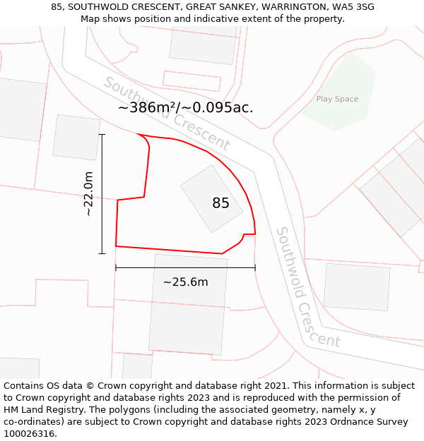 85, SOUTHWOLD CRESCENT, GREAT SANKEY, WARRINGTON, WA5 3SG: Plot and title map