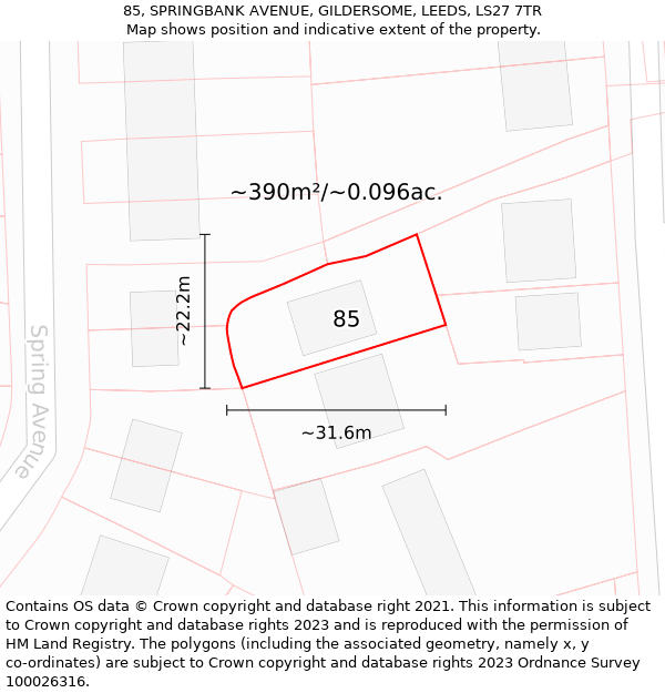 85, SPRINGBANK AVENUE, GILDERSOME, LEEDS, LS27 7TR: Plot and title map