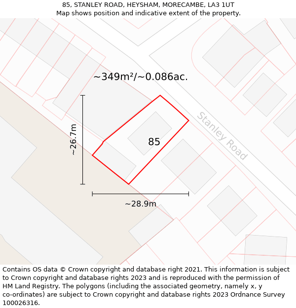 85, STANLEY ROAD, HEYSHAM, MORECAMBE, LA3 1UT: Plot and title map