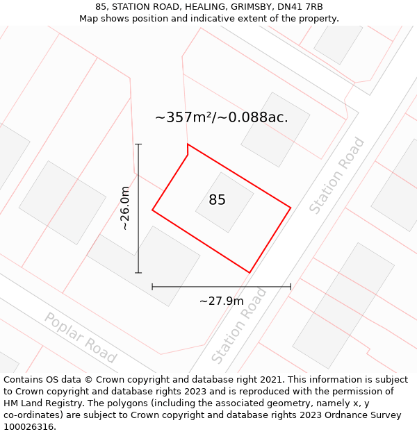 85, STATION ROAD, HEALING, GRIMSBY, DN41 7RB: Plot and title map